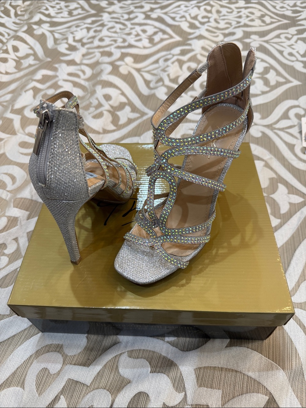 Thalia Sodi Silver Crystal-Strap High Heel Sandal